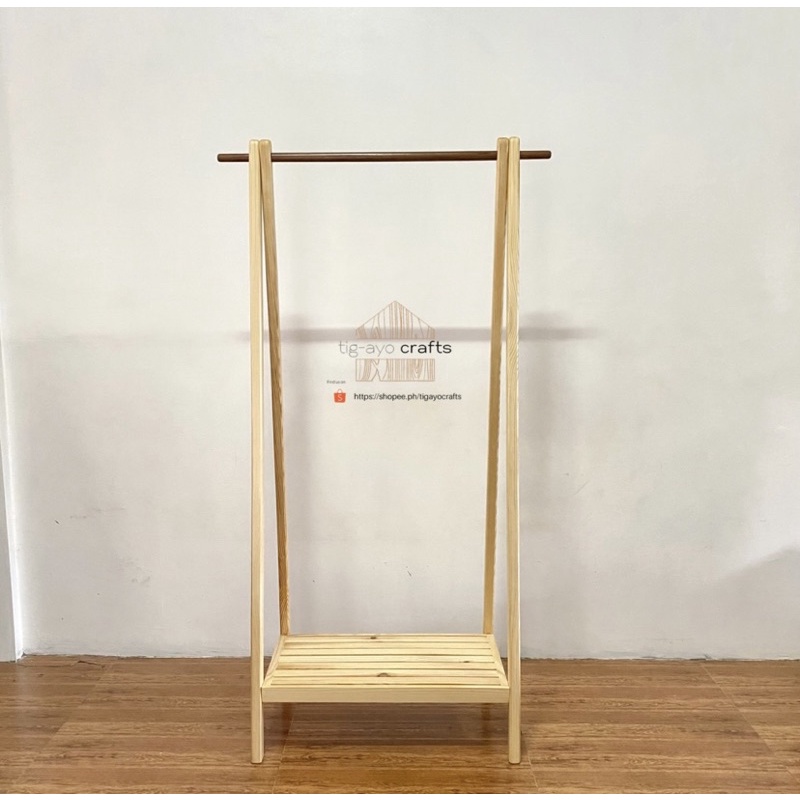 Aesthetic Wooden Clothing Rack with Shelf (Disassembled), Pinewood ...