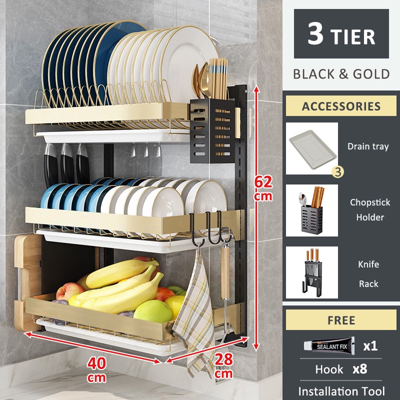 Lifinity 2/3 Tier⭐Adjustable⭐Dish Rack Wall Mount Stainless Steel ...