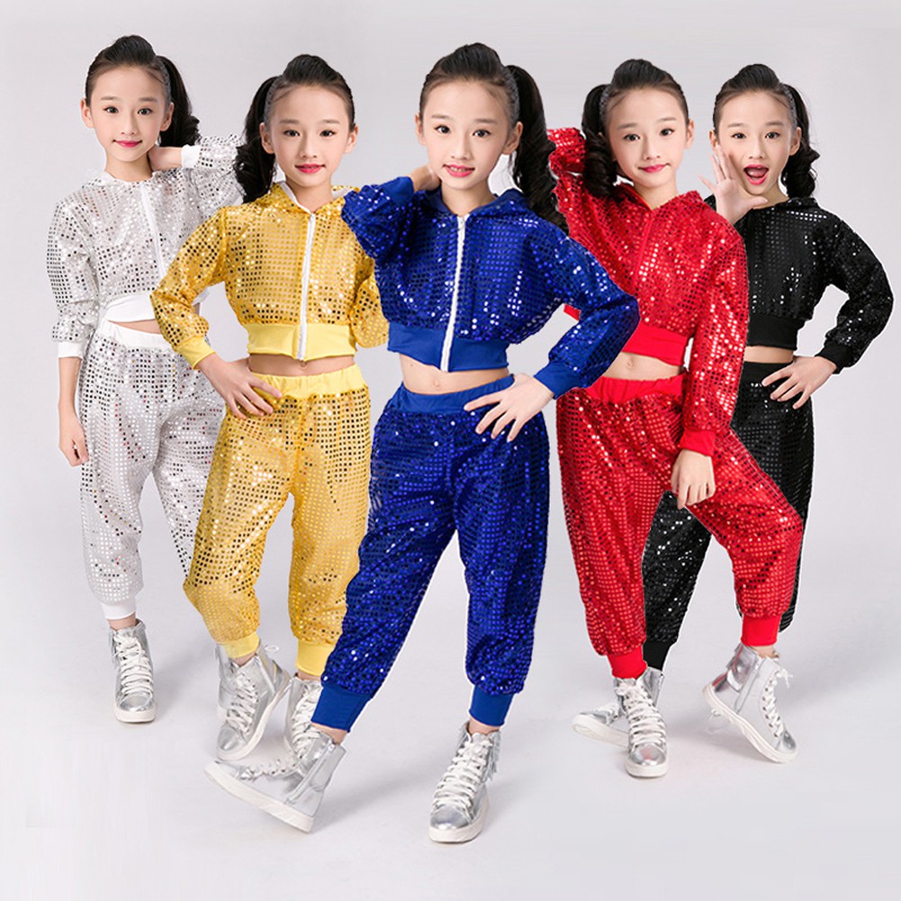 Lolanta Kids Boys Girls Sequins Hip Hop Street Dance Clothes Jazz Outfit  Hoodie Crop Top Pants Set Children Stage Performance Wear