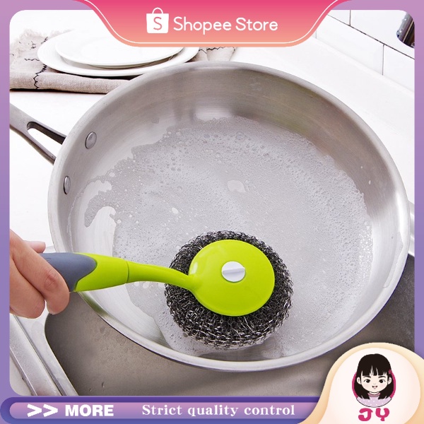 ★JY★Stainless Steel Wool BAll Brush with Long Handle Plastic Diswashing