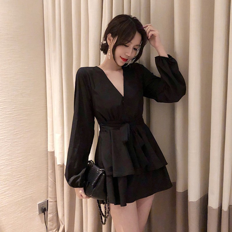 women korean dress A-line high waist short skirt V-neck tie