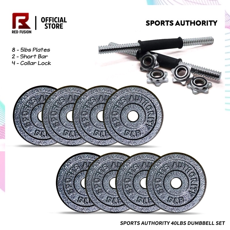 Sports Authority 40lbs Dumbbell Set 8 5LBS Plates 2 Short Bar Rubber