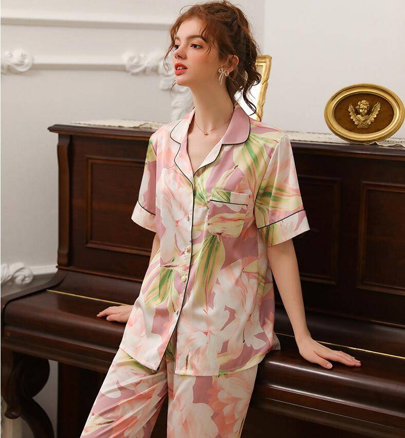 High Quality Floral Short Sleeve Silk Pajamas Women Sleepwear