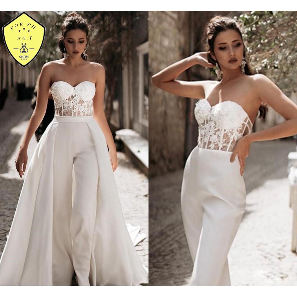 Sexy Deep V-neck Jumpsuit Wedding Pant Suits For Brides Wedding