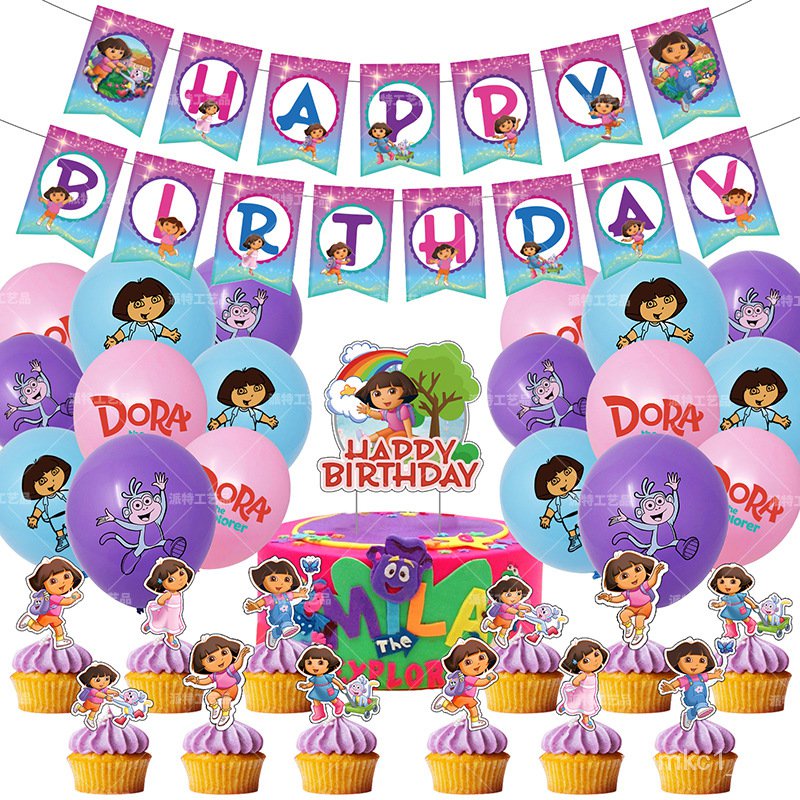 1Set Dora The Explorer Latex Balloons Cake Toppers Flag Banner Set ...