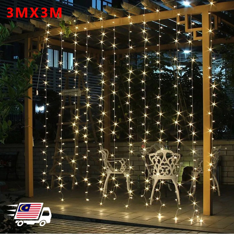3M x 3M Warm White Outdoor Waterproof LED Curtain String Lights 300 LED ...