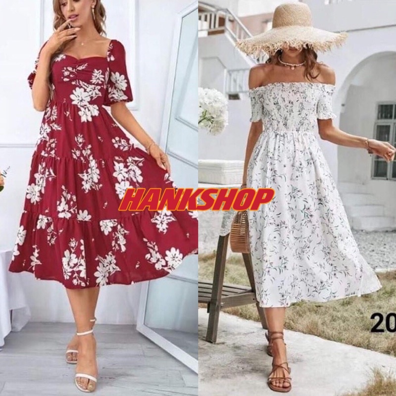 Women Casual Formal Dress Floral Puff Sleeve Square Neck White Red Maxi Dress For Women Shopee