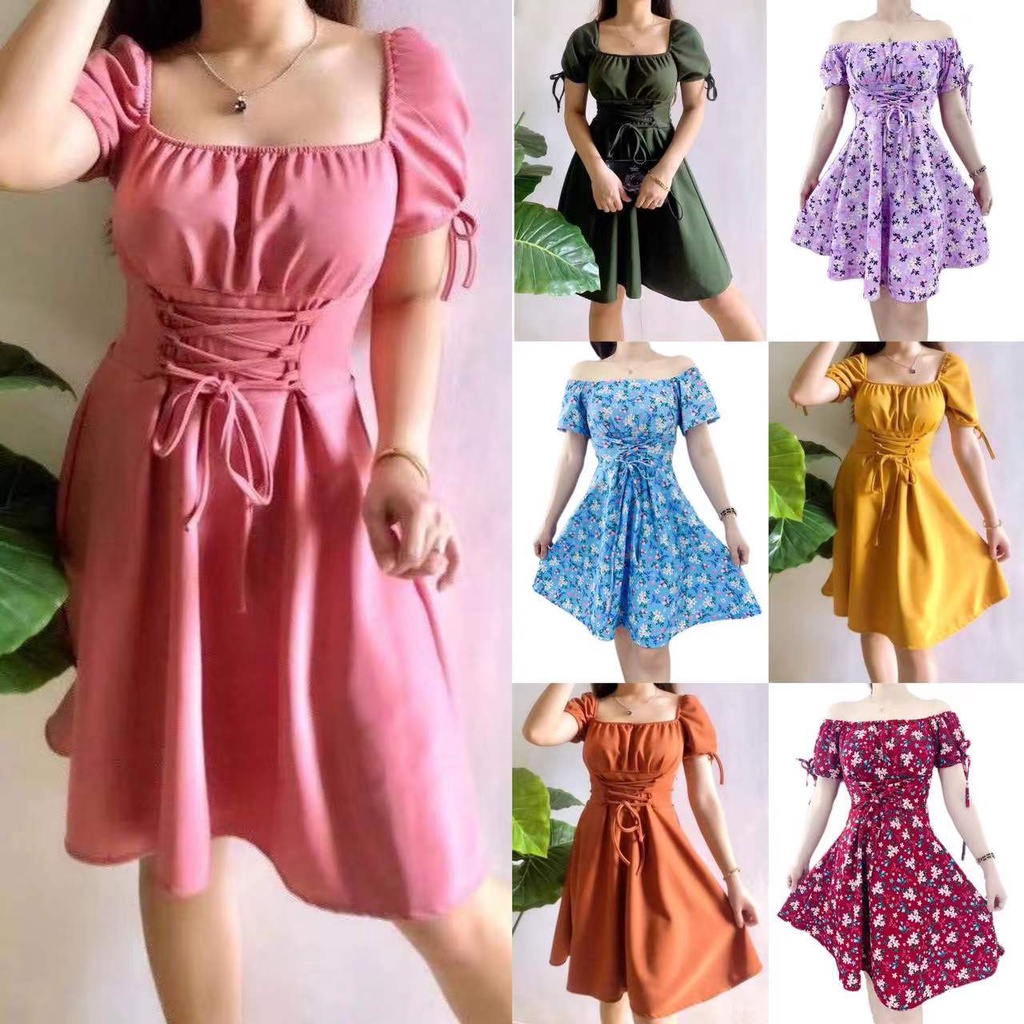 MISS YOU】High Quality Corset Waist Puff Sleeves Square Neck Casual Dress