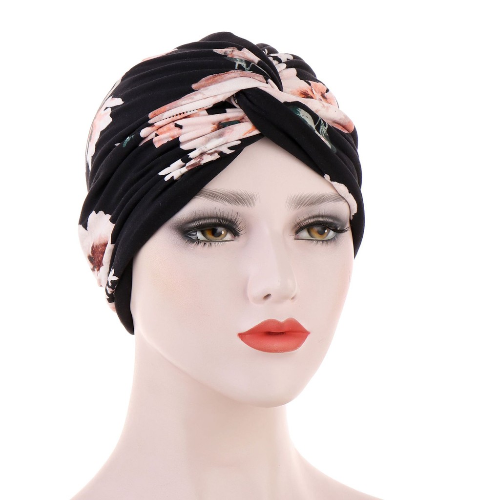 Women Muslim Cotton Turban Folding Cross Knotted Hair Ribbon Scarf - Main Image