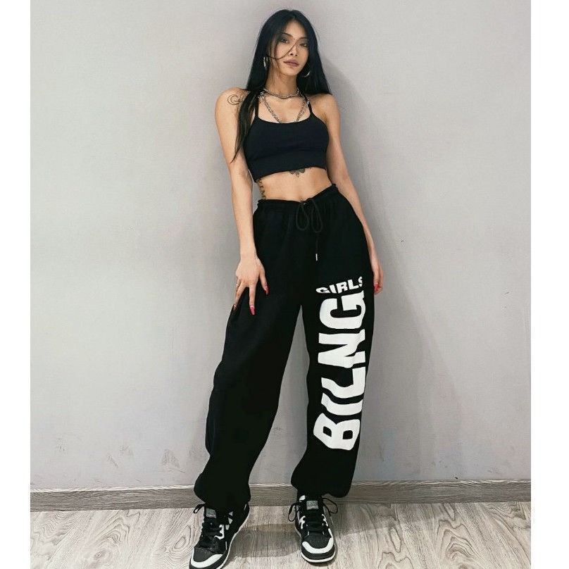 Design feeling full of printed loose black sweatpants female hip