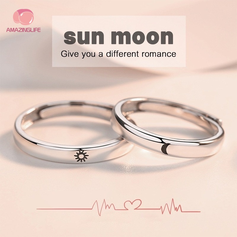 Simple Sun Moon Adjustable Opening Matching Couple Rings/ Silver Color ...