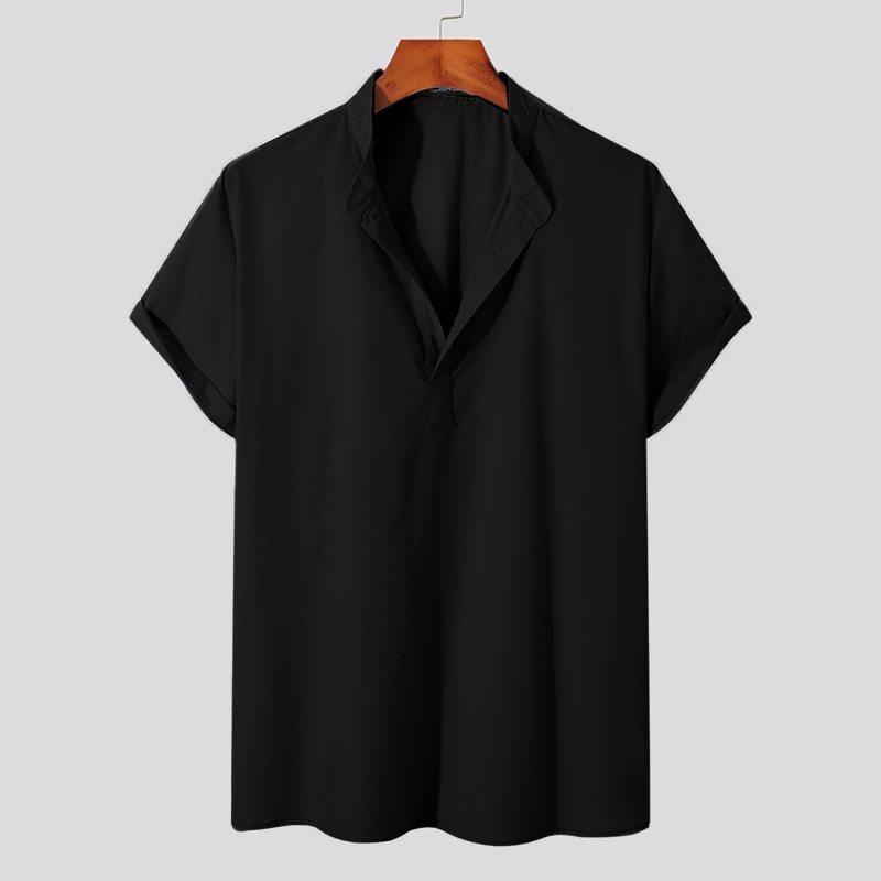 INCERUN Men Cotton Short Sleeve Solid Color V Neck Henley Shirts Summer