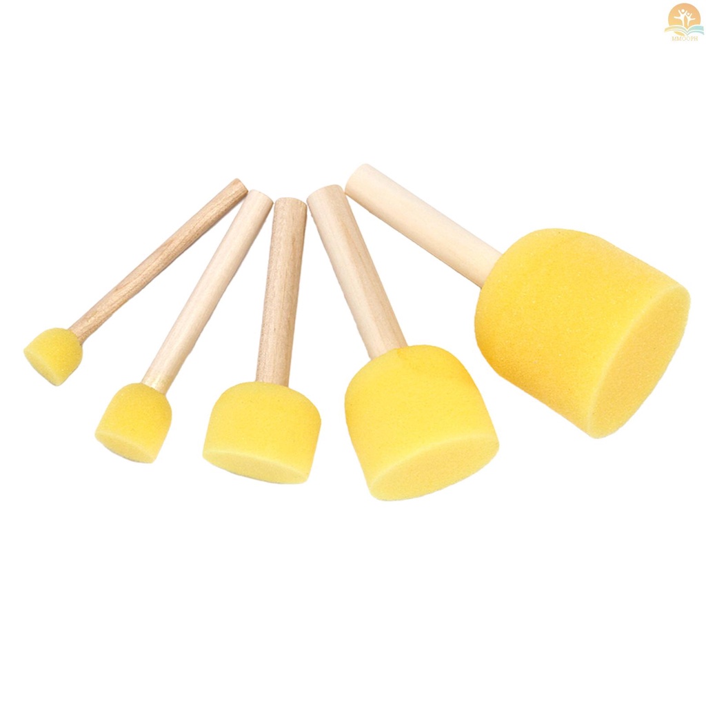 M M 5Pieces Round Foam Brush Set Wooden Handle Sponge Painting Tools