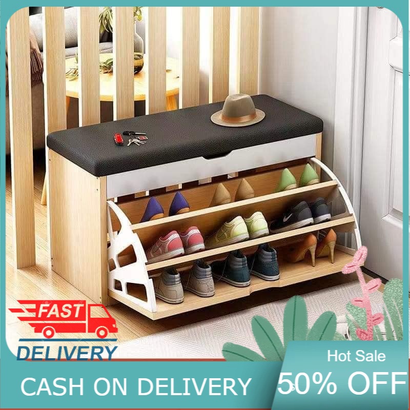 Shoe Storage Bench Tipping Shoe Rack with Cushion Seat, Shoe