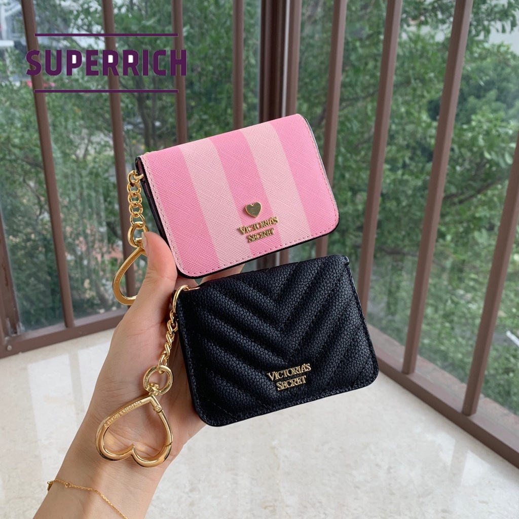 Ready Stock new victoria secret women PU coin card bag with key ring VS sleeve two fold multi card wallet