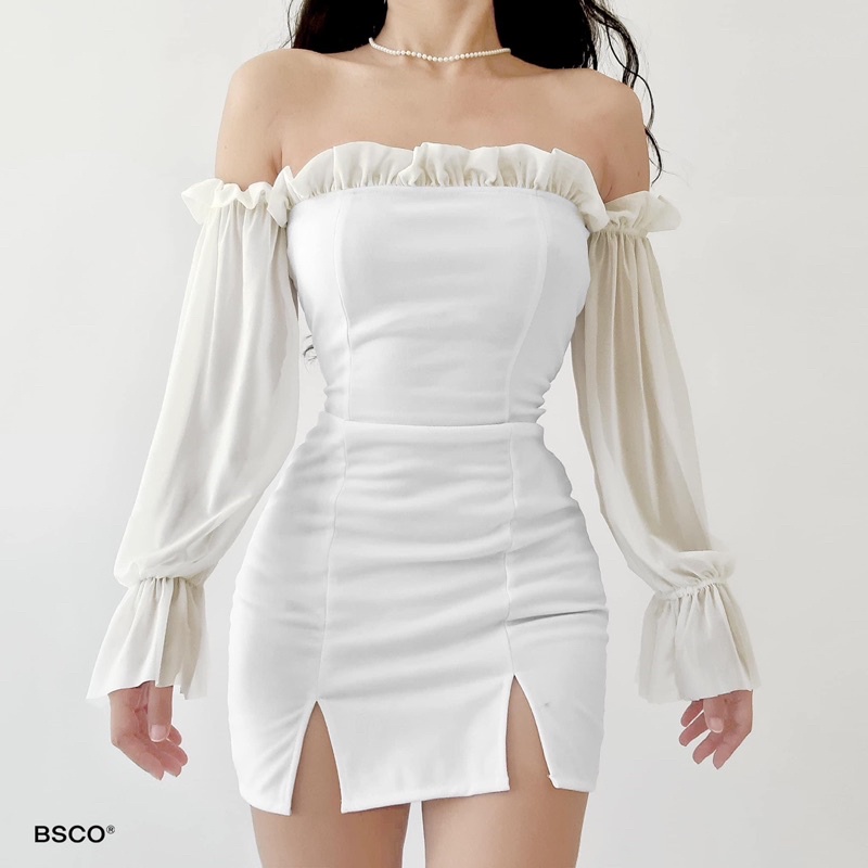 JERA WHITE MESH OFF SHOULDER LONG SLEEVES DRESS S Shopee