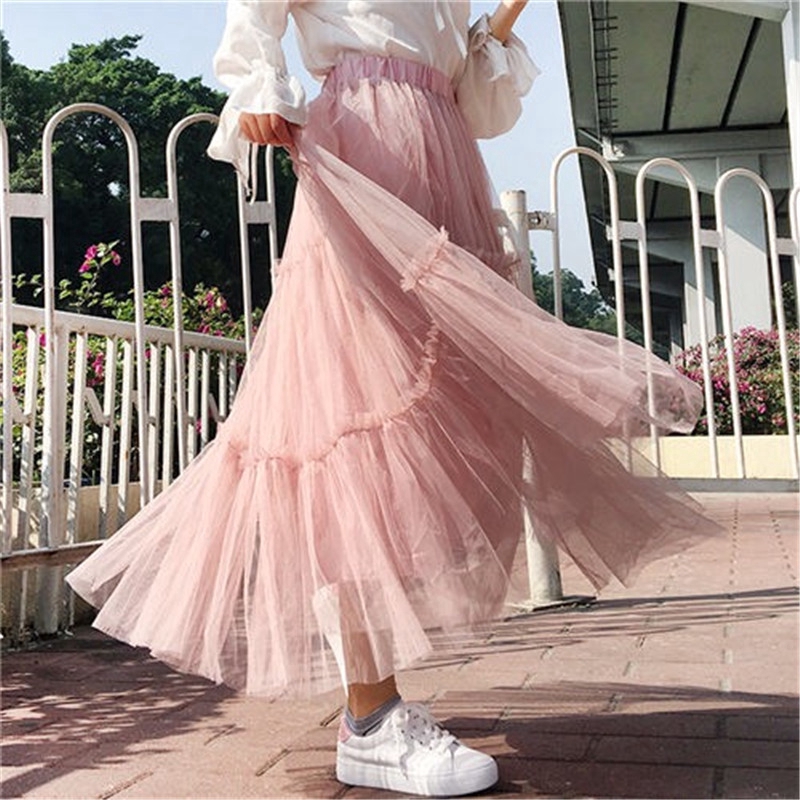 Women Tulle Mesh Skirt High Waist 3 Layers Pleated Maxi Long Dress Shopee Philippines