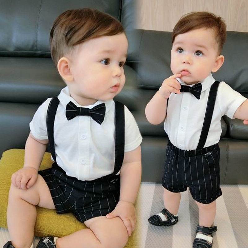 2PCS Baby Boy Clothes Sets Kids Summer Striped Birthday Suit Short Sleeves + Suspender Trousers