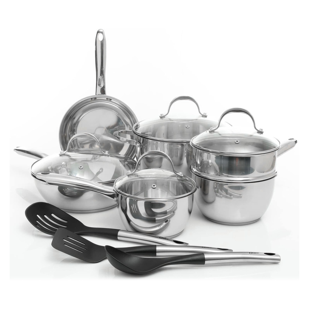 Empire Oster Ridgewell 13-Piece Cookware Set Mirror Polish, Tempered ...