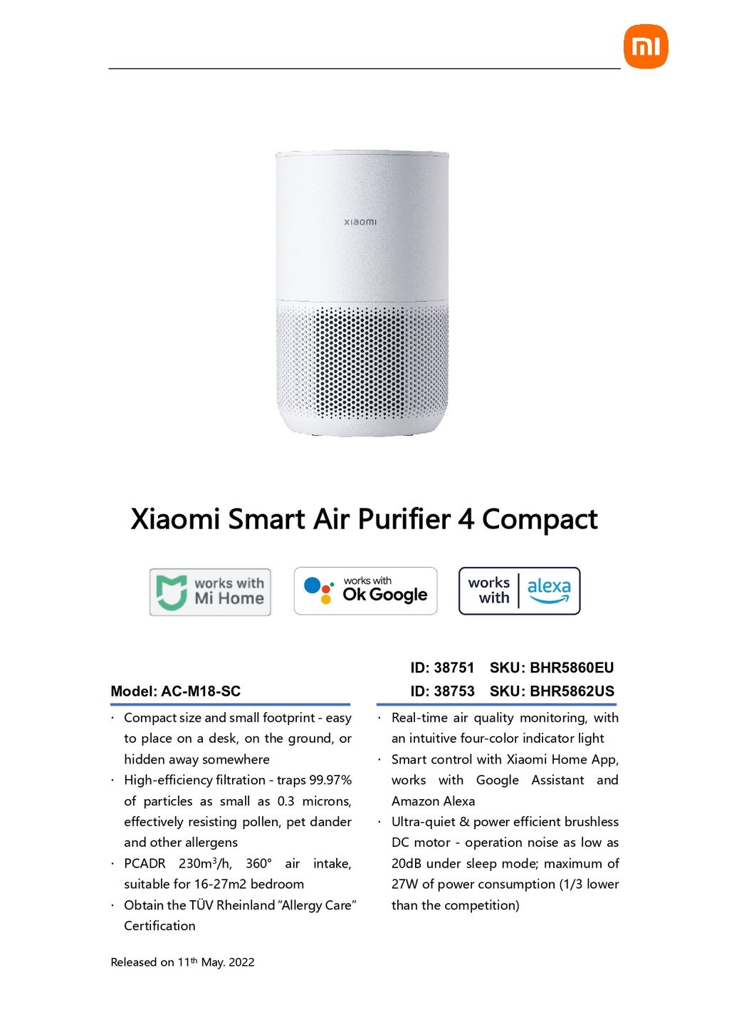 Xiaomi Smart Air Purifier 4 Compact Received TÜV Rheinland Allergy