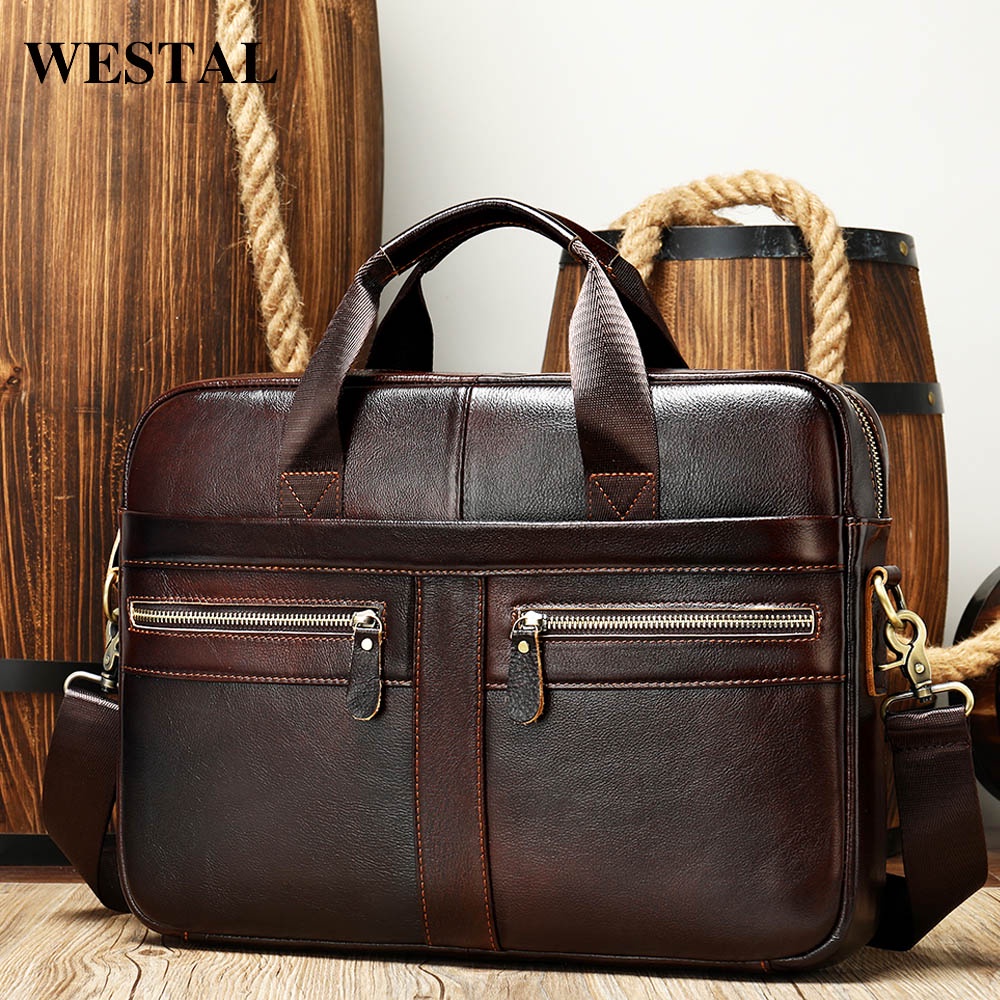 WESTAL Man's Briefcase Bag Men's Genuine Leather Laptop Bags