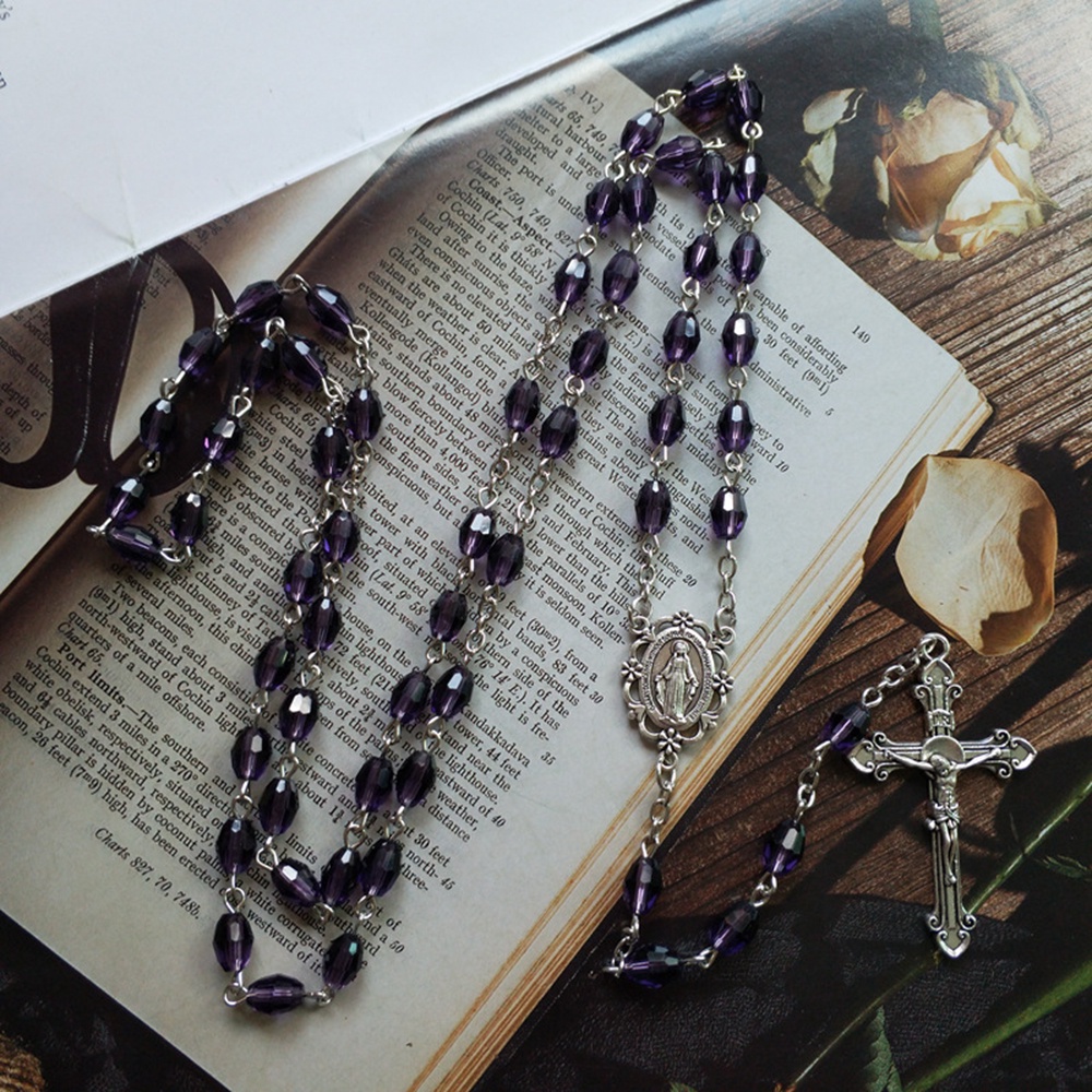 Purple Crystal Beads Chain Our Lady Miraculous Medal Crucifix Cross ...