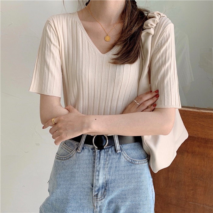 【Spot Goods】Women Summer Loose v neck Knitted Ice Silk Short-sleeved T ...