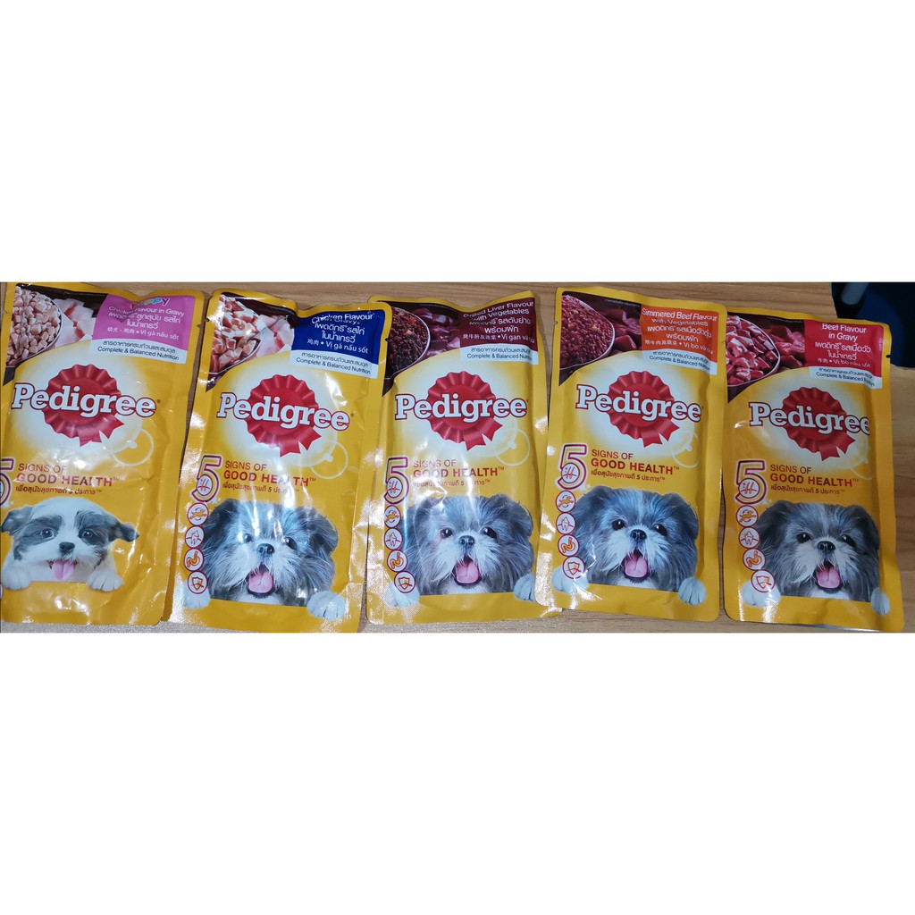 Pedigree Wet food in pouch available in five flavors for puppy and