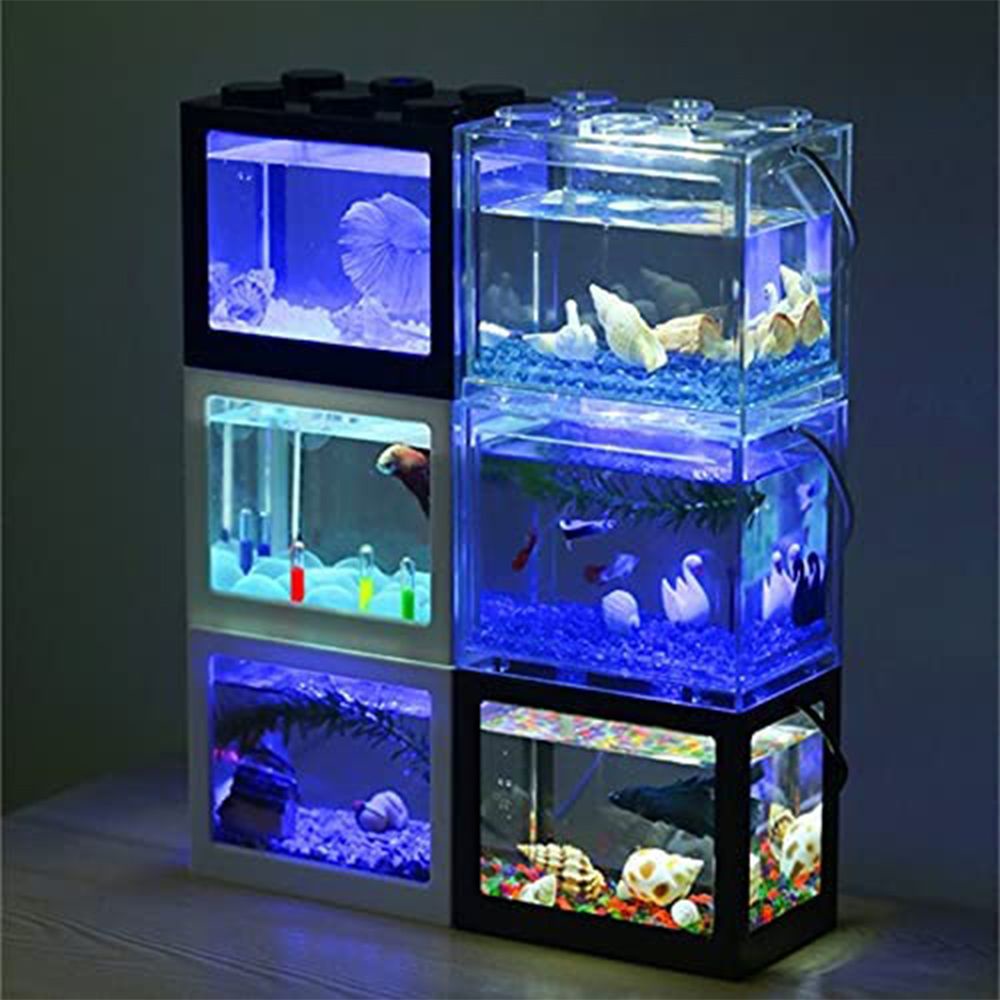 LED Betta fish Tank Mini Aquarium Tank USB + LED Light Building Block ...