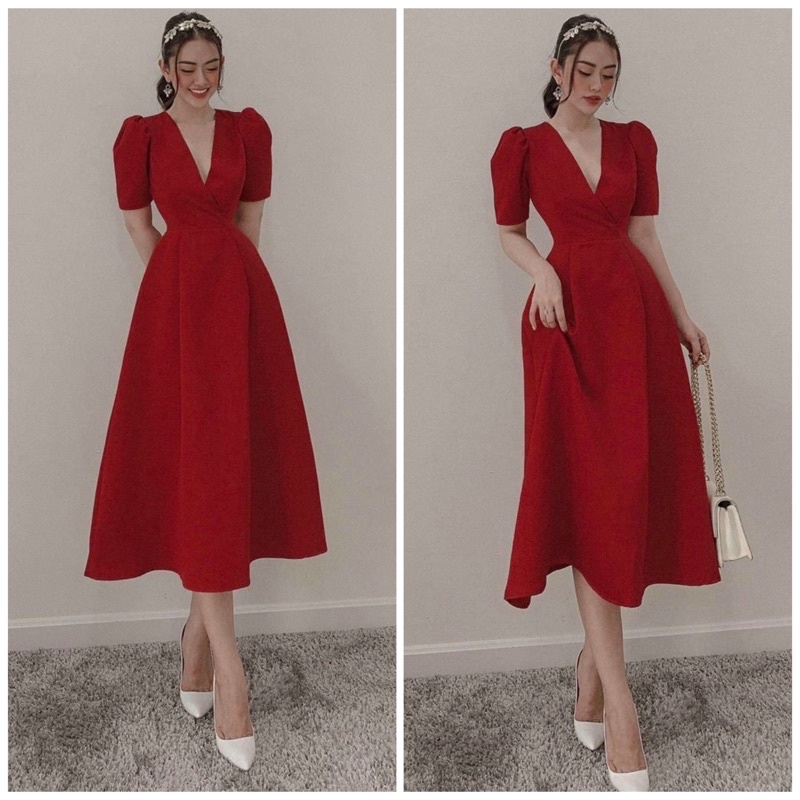 Deep Red V-Neck High-Waist Long Sleeve Midi Dress main image 0
