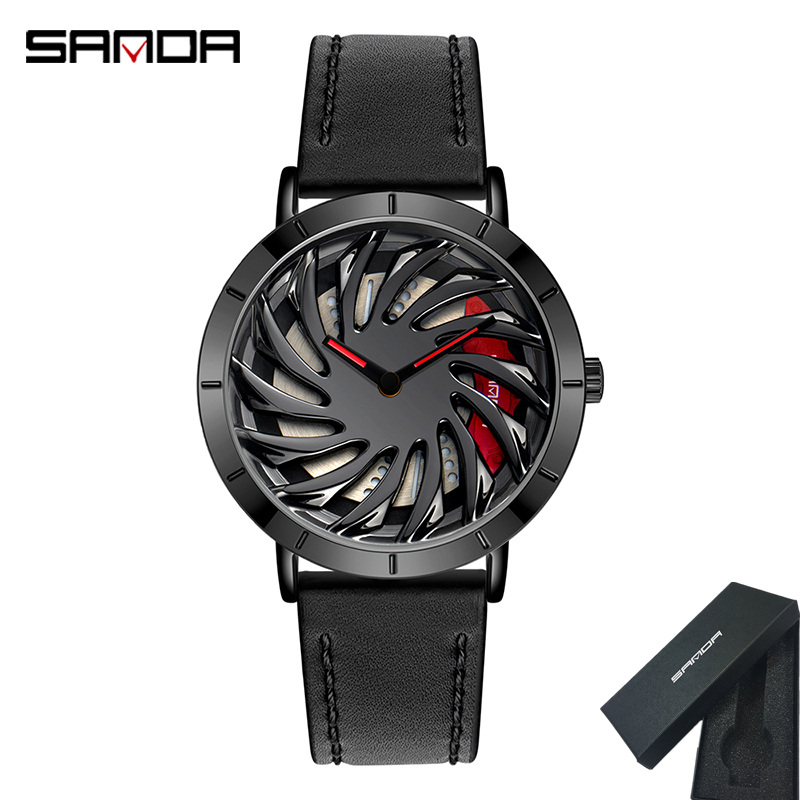 SANDA Men Watch Leather Watch Hollow Dial Waterproof Luxury Casual ...