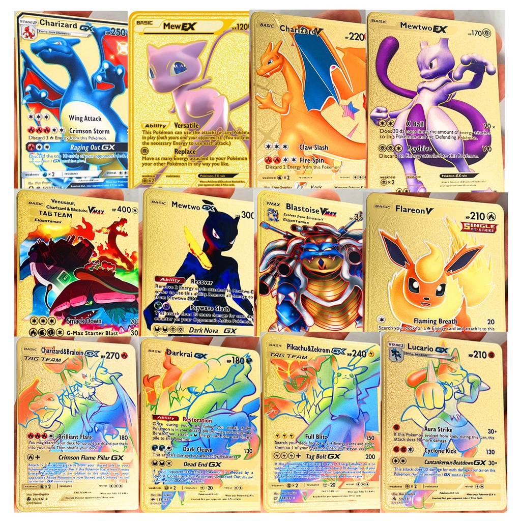 Pokemon 27 Styles New Mewtwo GX MEGA Spanish Gold Metal Card Super Game  Collection Anime Cards Toys For Children Christmas Gift