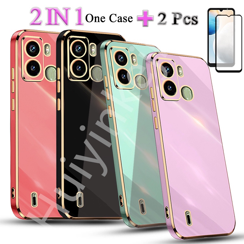2 IN 1 Tecno Pop 6 LTE Gold Edge Plating Case With Tempered Glass Curved Ceramic Screen
