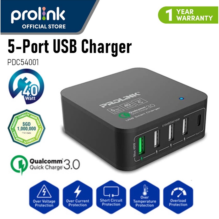 PROLINK PDC54001 40W 5-Port Desktop USB Charger PD3.0 USB-C QC3.0 Suits ...