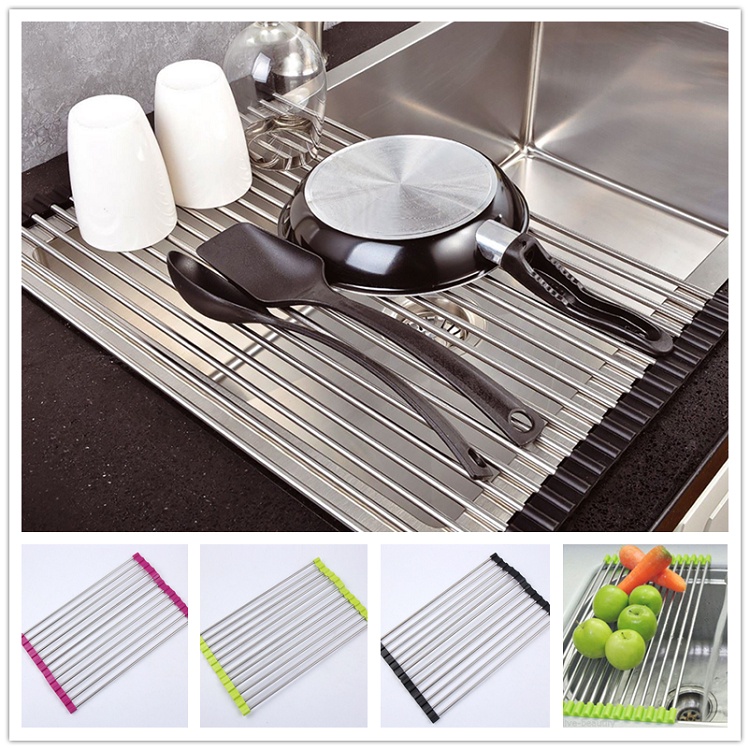 Kitchen Over Sink Stainless Steel Roll Up Dish Drying Rack Drainer ...