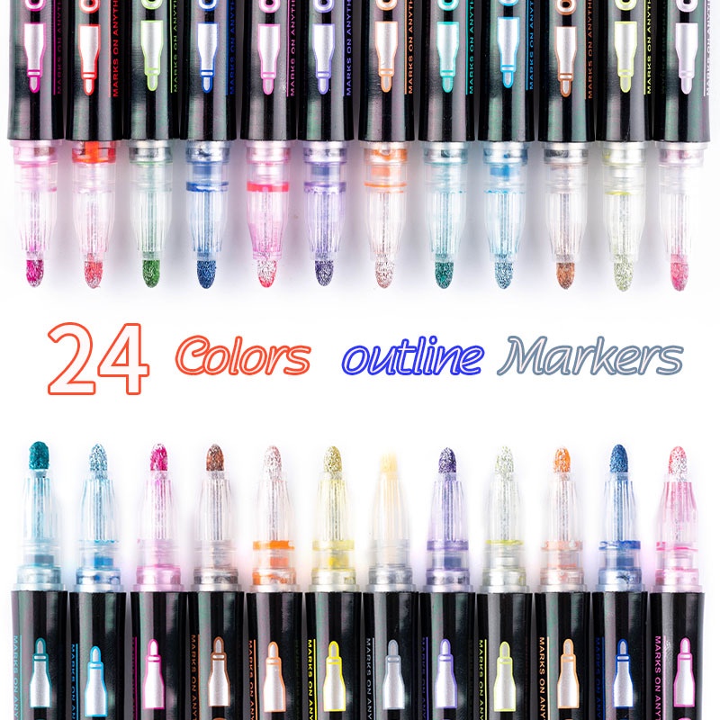 24 Colors Contour Pen Handbook 12 Double-Line Dream Marker 8 Color Set ...