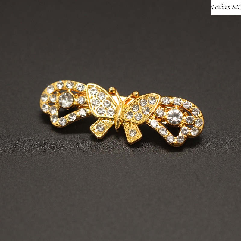 Gold Filigree Butterfly Brooch With Yellow Green Crystals – Handmade Rhinestone Pin B1138
