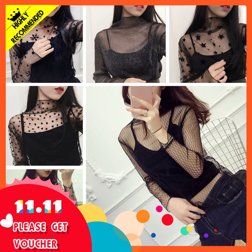 Sexy Women Long Sleeve Transparent Shirt Mesh Net Sheer Blouse Tops Tee  TShirts