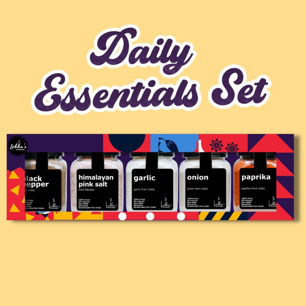 Daily Essentials Set Ground Pepper Himalayan Salt Garlic Onion Spanish