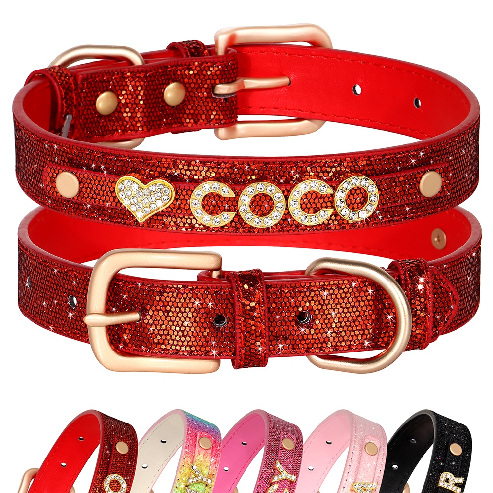 Glitter Personalized Dog Collar Leather Rhinestone Bling Charms Custom Free  Pet DIY Name