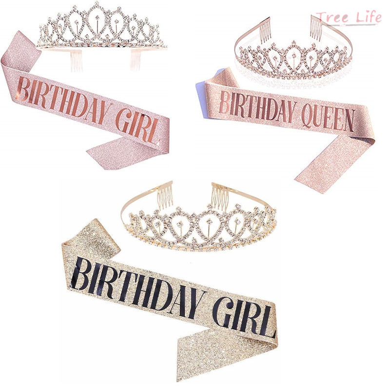 Hot Sale Glitter Satin Birthday Girl Sash & Crown Princess Ribbons ...
