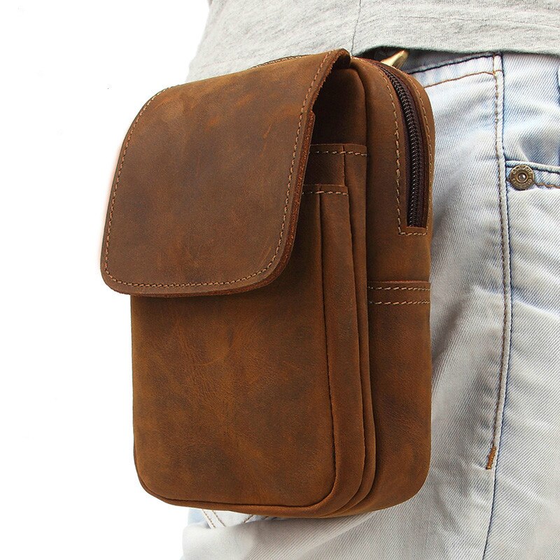 Crazy Horse Leather Men Fanny Pack with Belt Loops Hip Bum Bag Phone Pouch  Male Travel Waist Packs Waist Bag