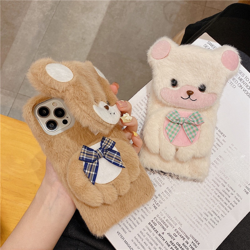 3D Furry Bear Stand Holder Plush Soft Phone Case for Xiaomi 11T Mi 11 Lite  POCO M3 Pro X3 PRO NFC Redmi Note 11 Pro 10 9T 9A 9C Note Note 10s Note 