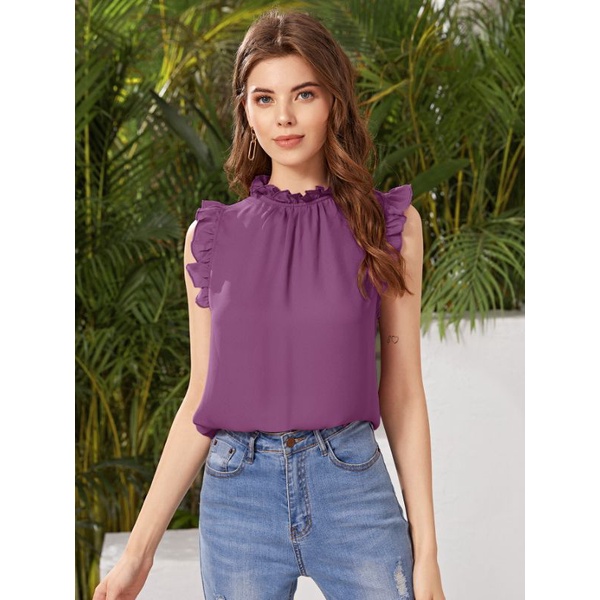 Tie Neck Frill Trim Sleeveless Babydoll Top