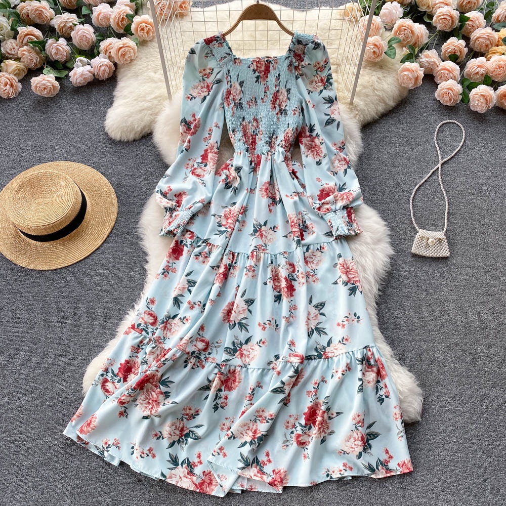 Spring/Fall Floral Elegant Chiffon Long Sleeve Dress