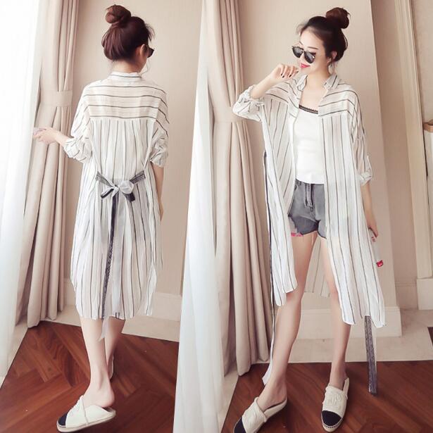 Loose Mid-Length Vertical Stripes Shirt Women Lace-Up Thin Jacket ...