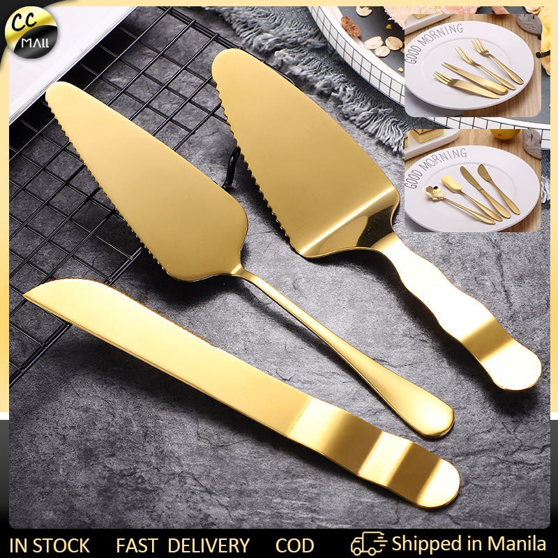 Stainless Steel Cake Fork Shovel Set Portable Wedding Golden Cutlery ...