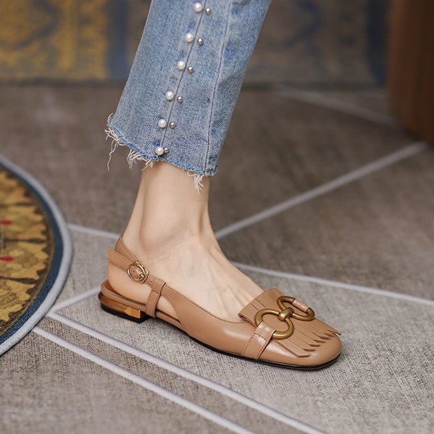 French Style Tassel Square Toe Horsebit Buckle Closed Toe Sandals Women's  Summer New Fairy Style Low Heel Back Open Shoes