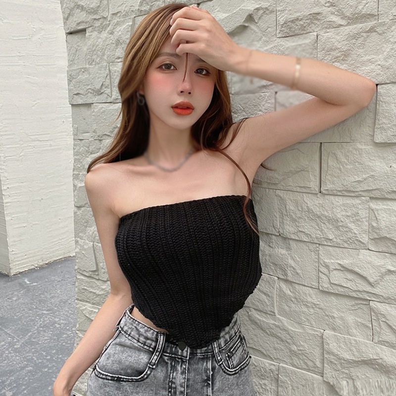 Womens Korean Tops Knitted Tank Halter Drawstring Camisole Slim Exposed Navel Croptop For Girl