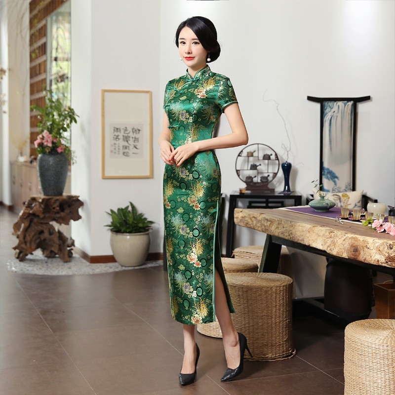 Chinese style long fuchsia, red or green cheongsam